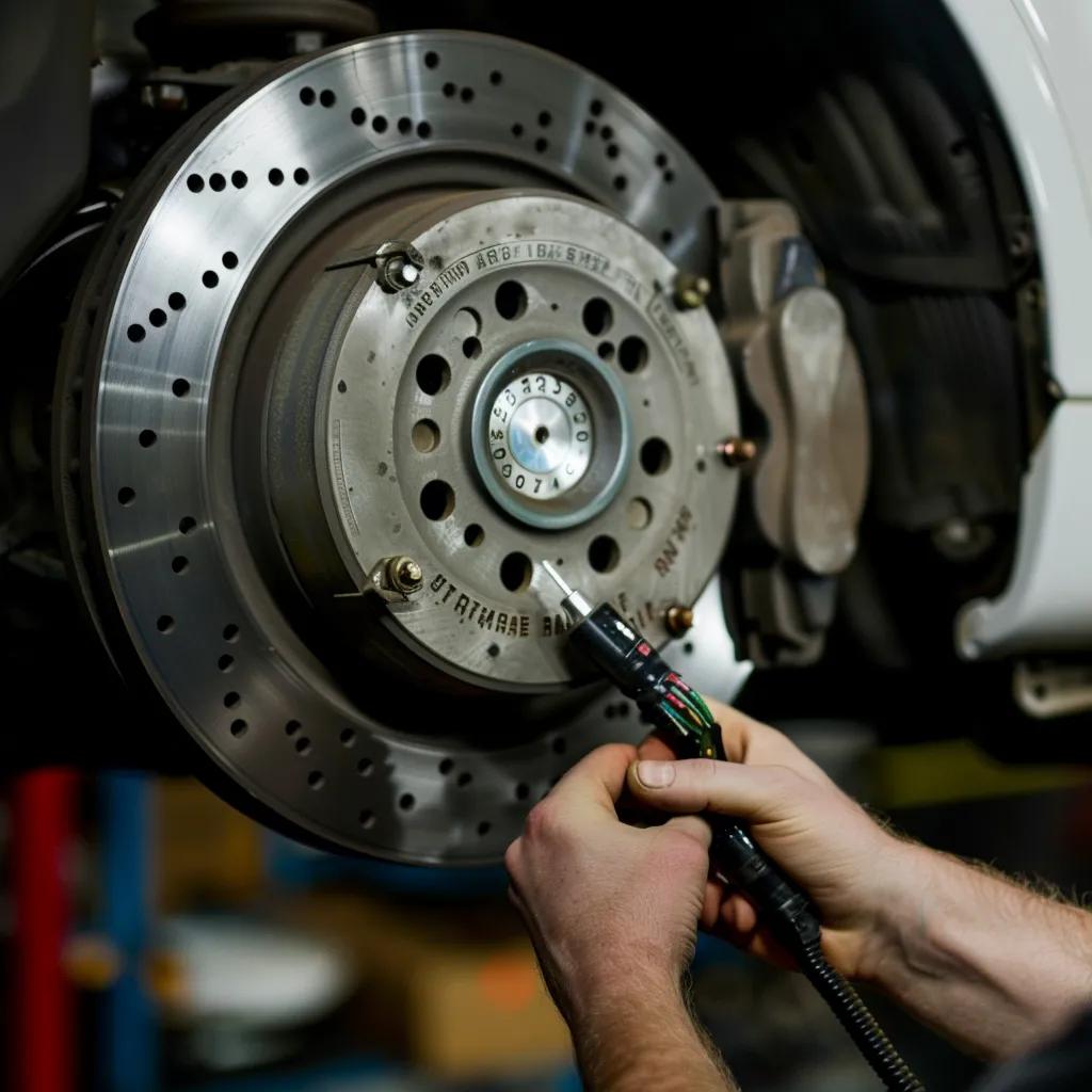 Mechanic measuring lateral runout on a brake rotor using a dial indicator in a garage