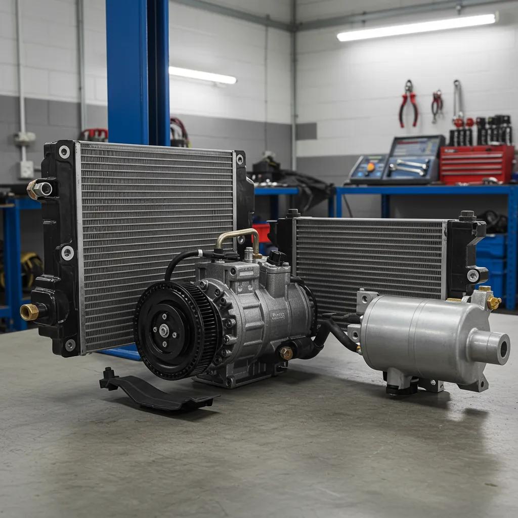 Car air conditioning system components including compressor, condenser, and evaporator in a garage setting