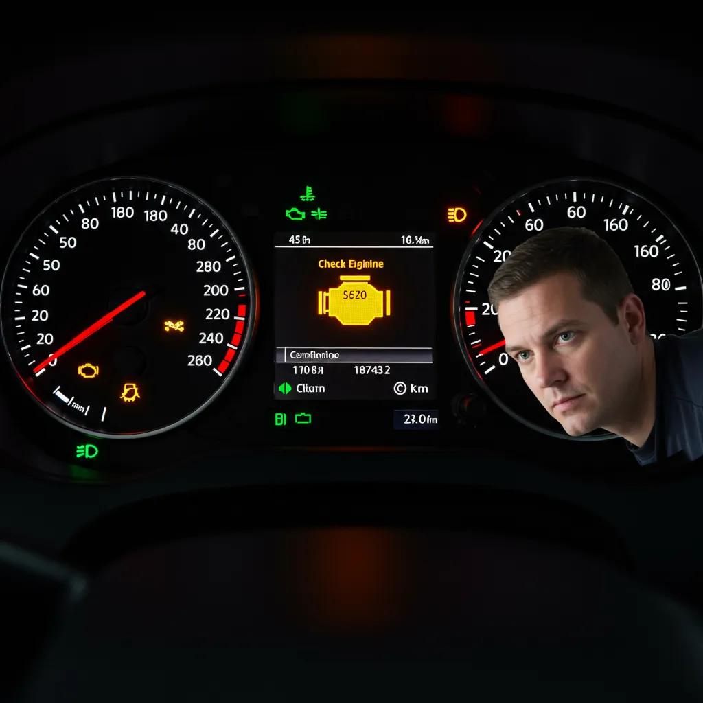 Car dashboard with the check engine light illuminated, and a mechanic inspecting the engine
