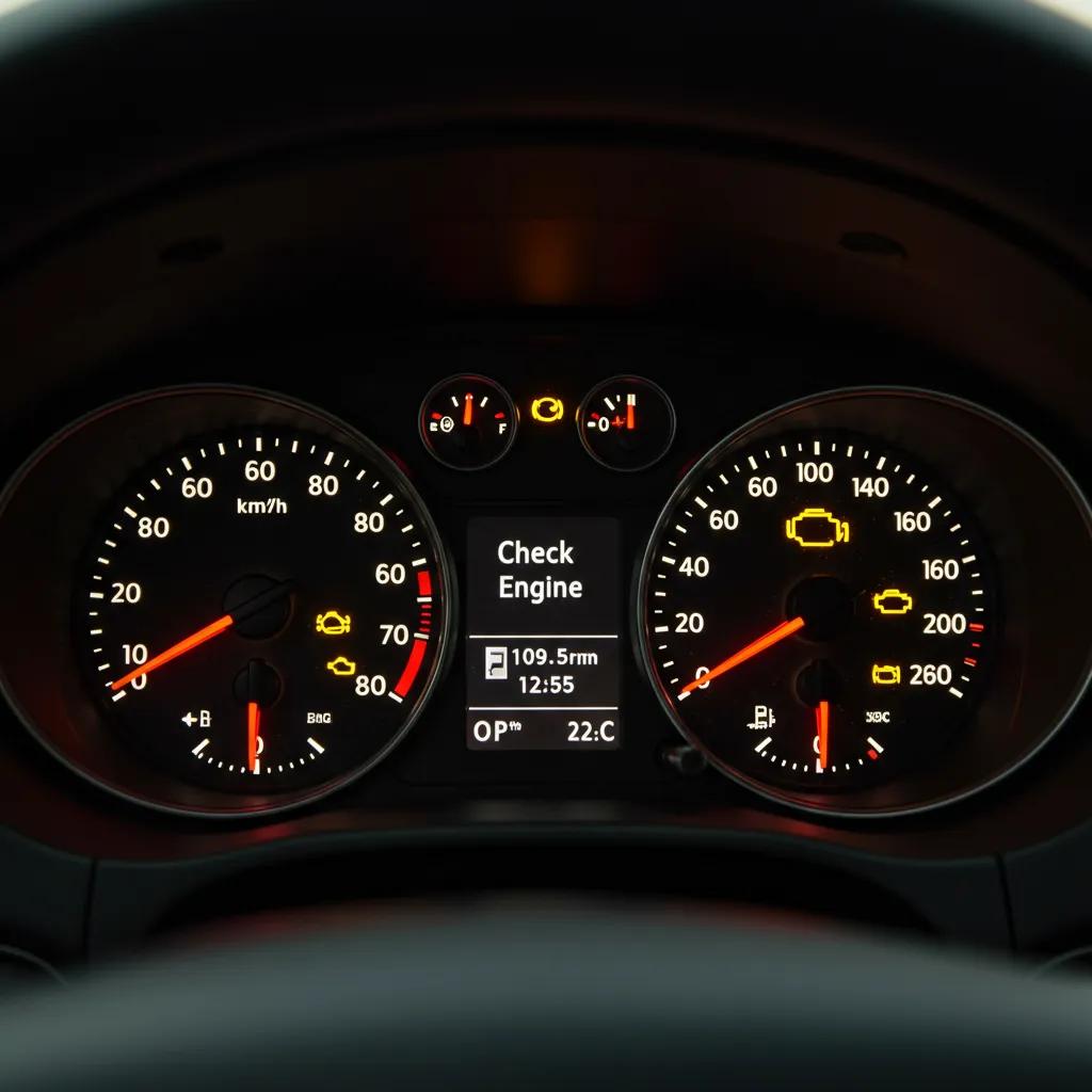 Car dashboard with illuminated check engine light, emphasizing vehicle diagnostics