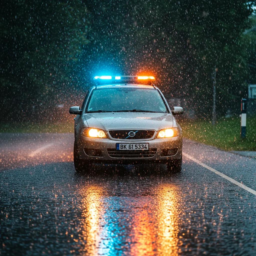 Car with emergency flashers on during heavy rain, illustrating safety measures for driving in wet conditions