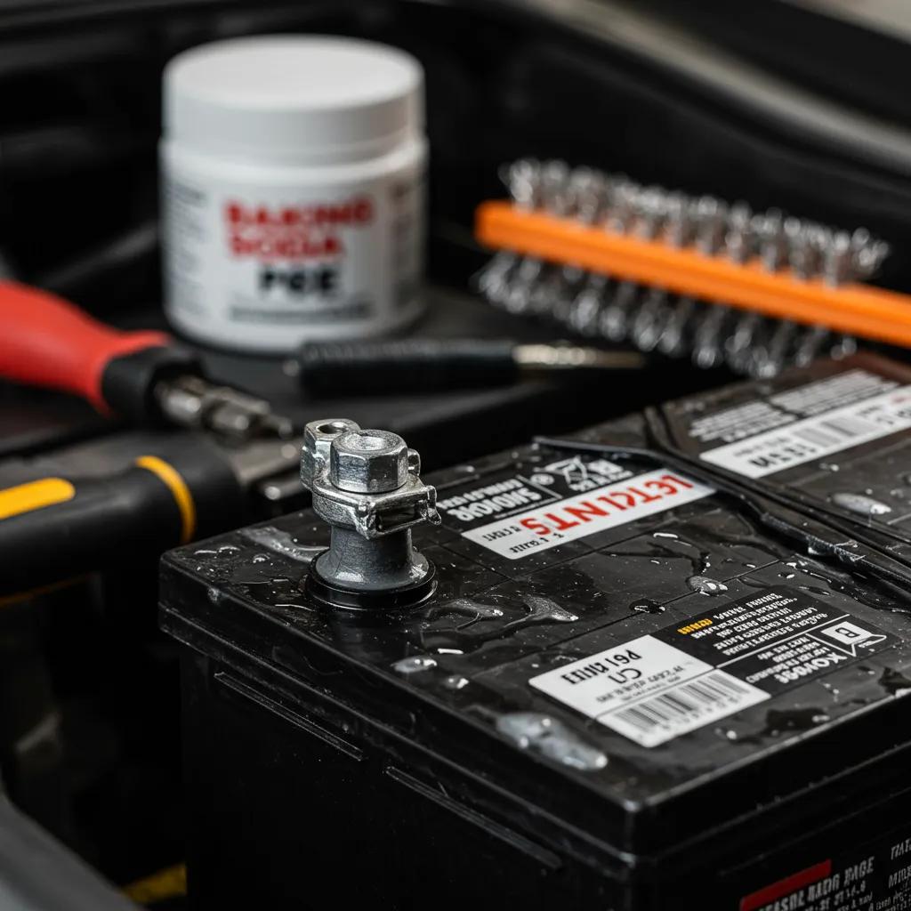 Clean car battery terminals with tools for maintenance