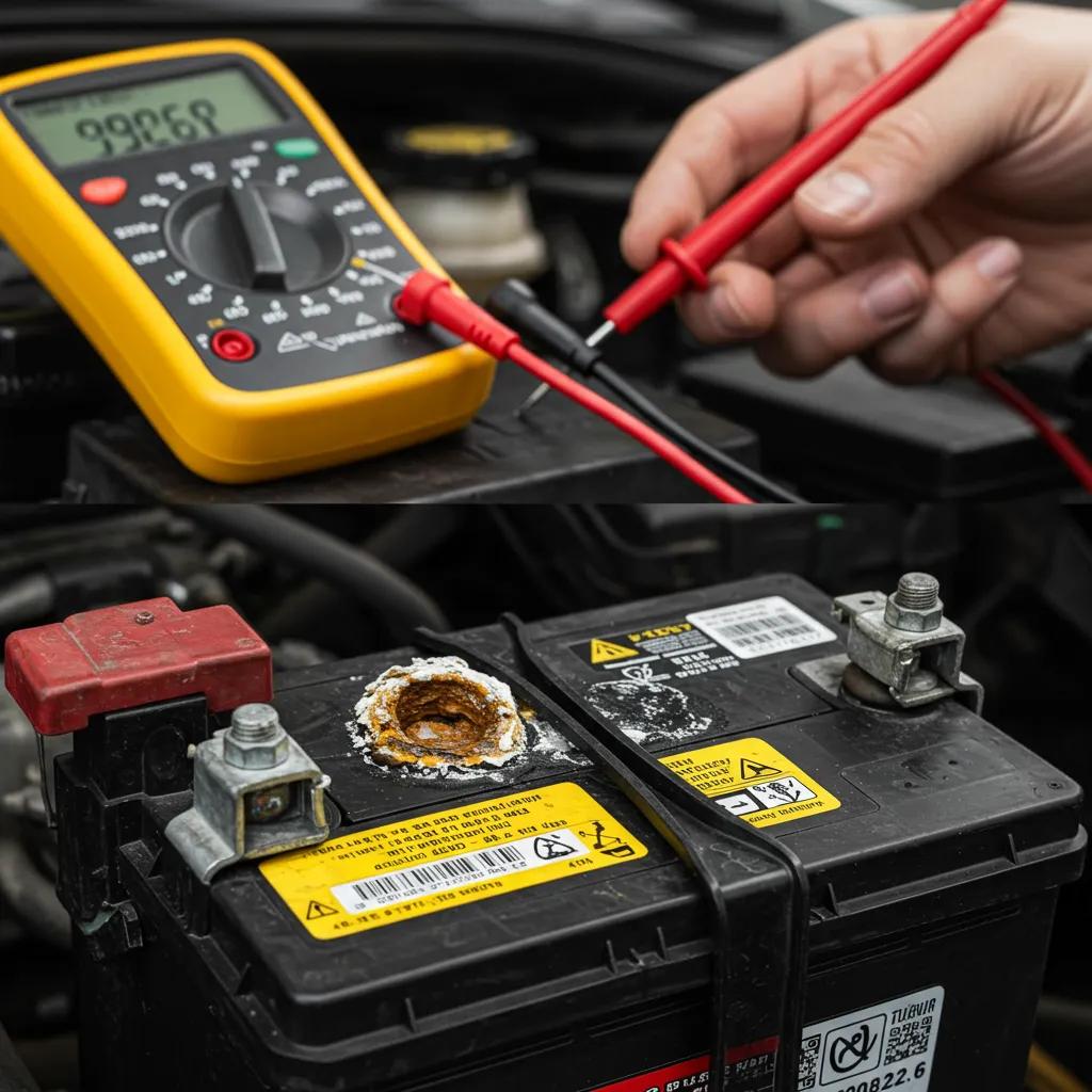 Close-up of a car battery with corrosion, mechanic checking voltage with a multimeter in a garage setting