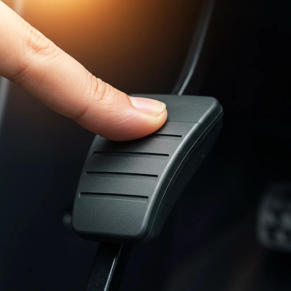 Close-up of a car brake pedal being pressed, highlighting the softness indicative of spongy brakes