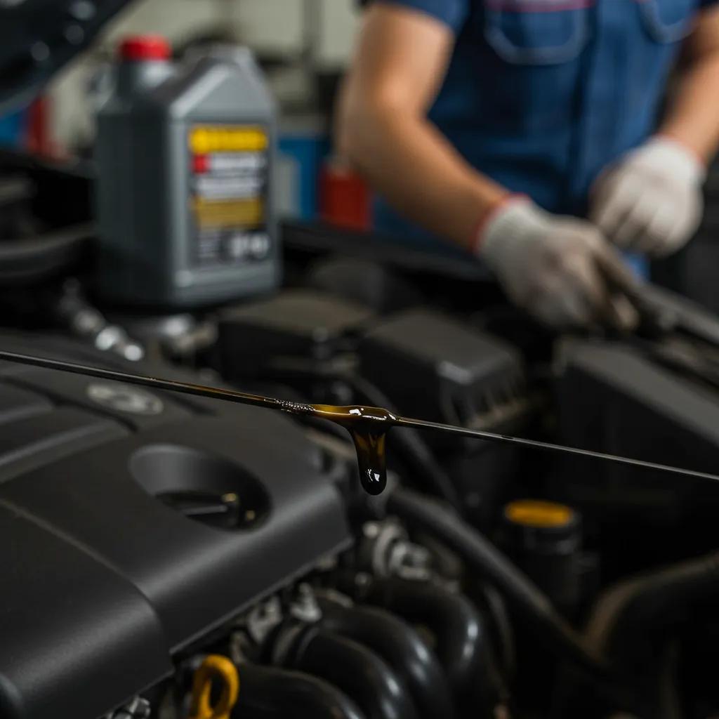 Close-up of a dipstick with dark oil, indicating the need for an oil change, alongside a mechanic inspecting the engine