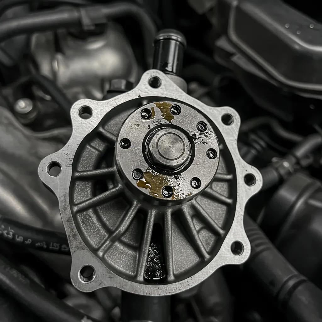 Close-up view of a worn automotive water pump exhibiting clear signs of coolant leakage, highlighting common maintenance issues