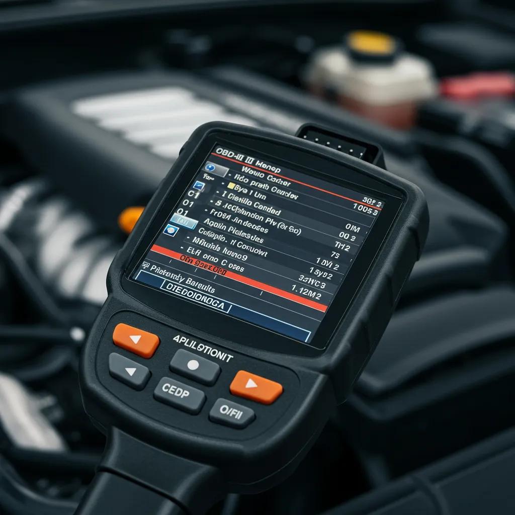 Close-up of an OBD-II scanner displaying fault codes on its screen