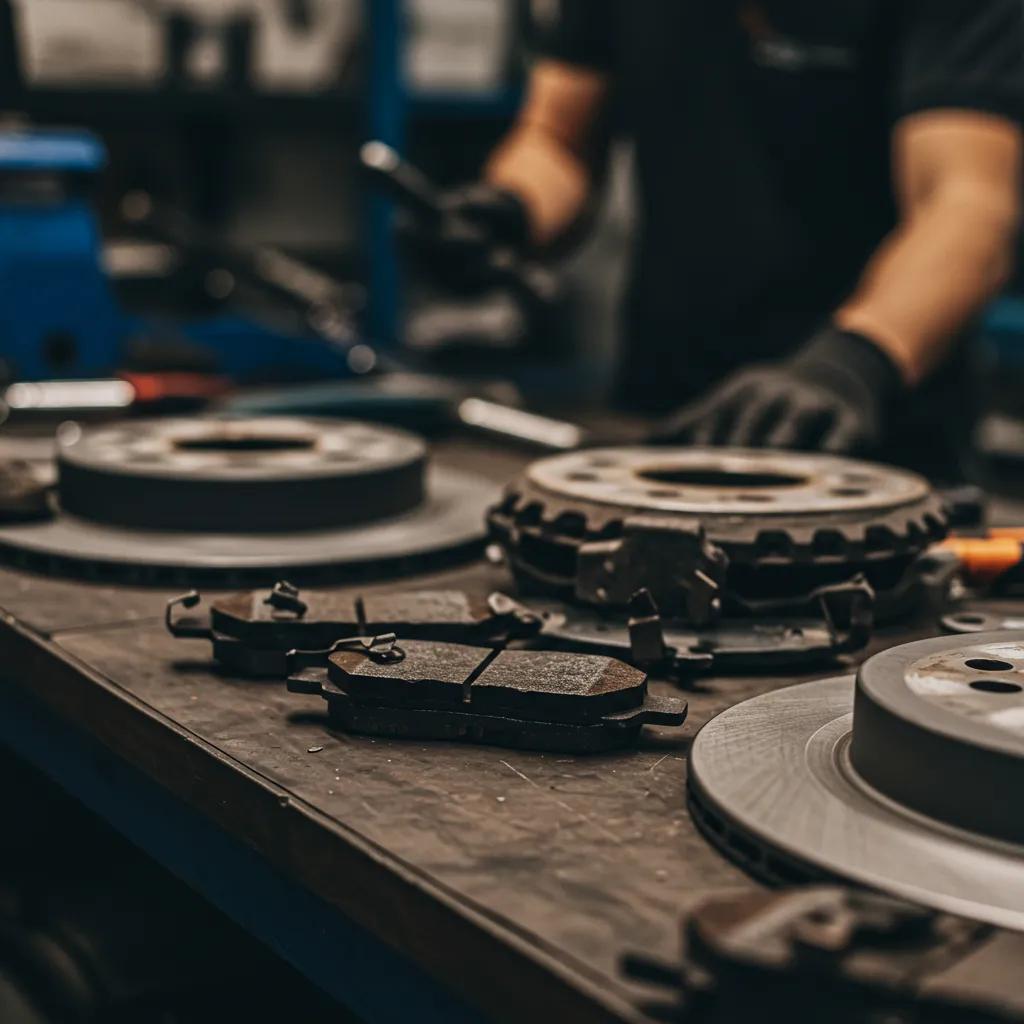 Close-up of brake components on a workbench, showcasing the details involved in brake repair services