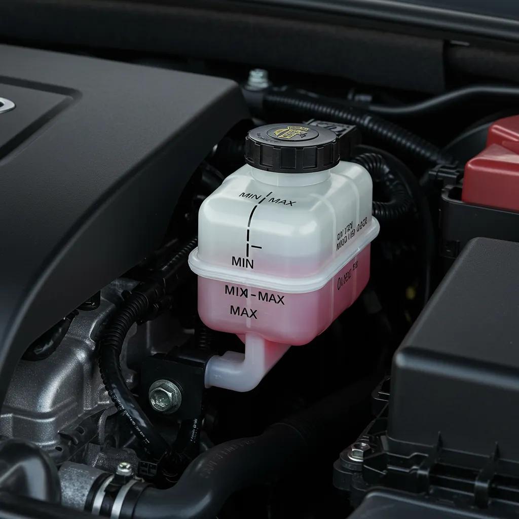 A clear image showing the location of the brake fluid reservoir within a car's engine bay, with labels pointing out its key identification features.