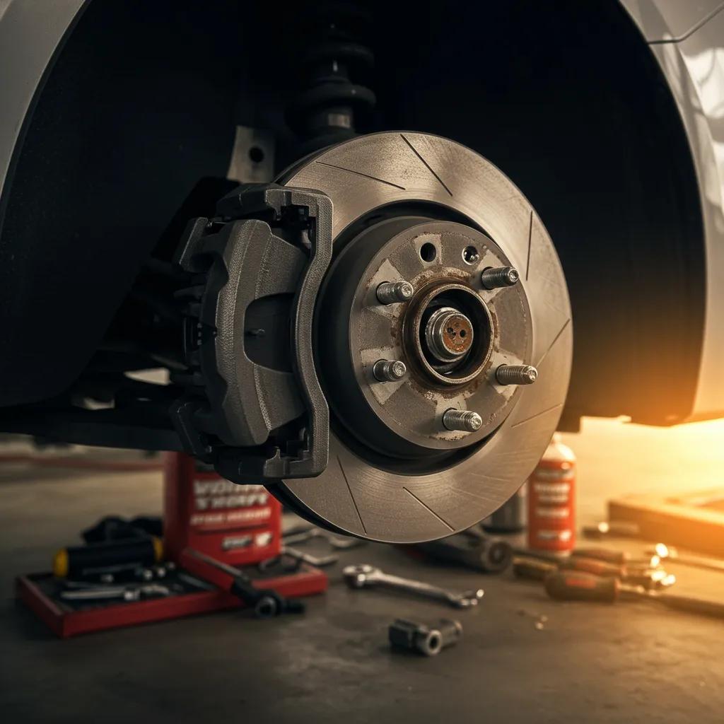 Close-up of brake pads and rotors in a well-maintained vehicle