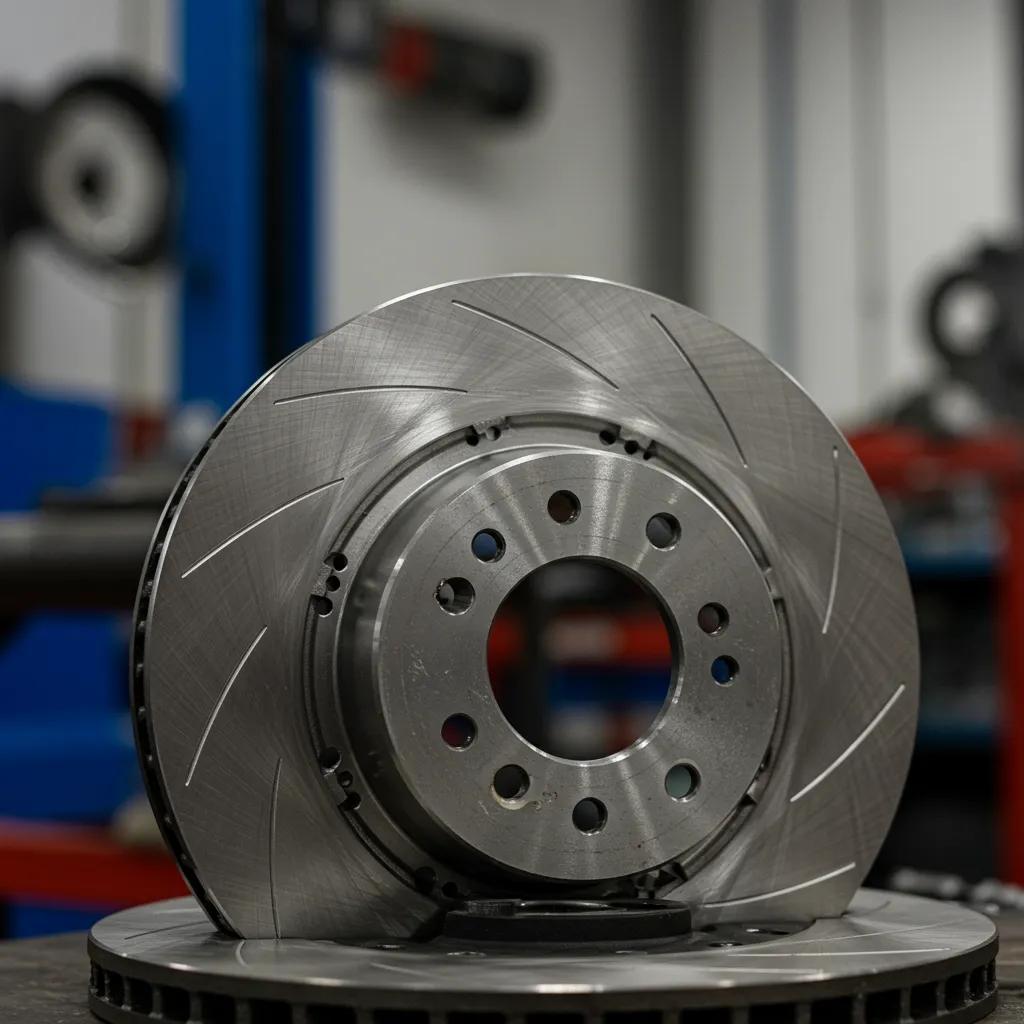 Mechanic performing brake maintenance by installing new brake pads and rotors in a workshop