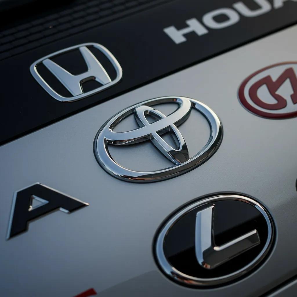 Close-up of trusted Asian car brand logos emphasizing quality and reliability