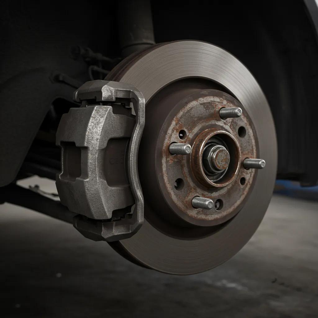 Close-up view of a car brake system showing worn brake pads and rotor, highlighting mechanical wear