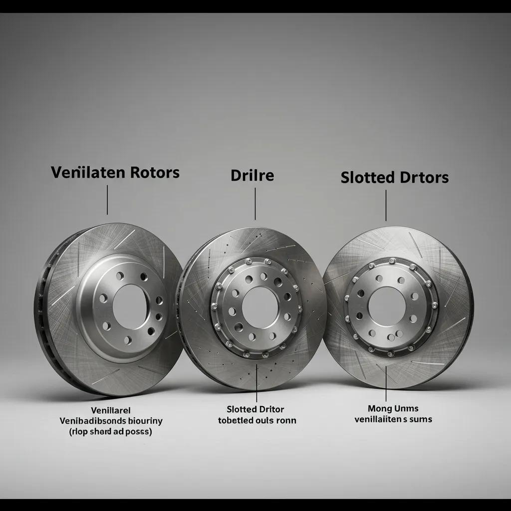 Comparison of different types of brake rotors: ventilated, slotted, and drilled