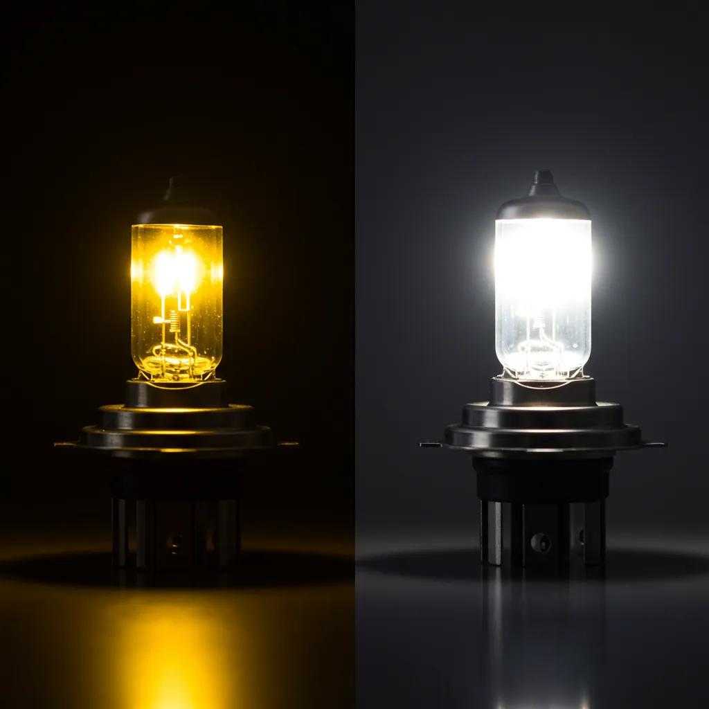 Side-by-side comparison of halogen and LED headlights, highlighting differences in light colour and intensity