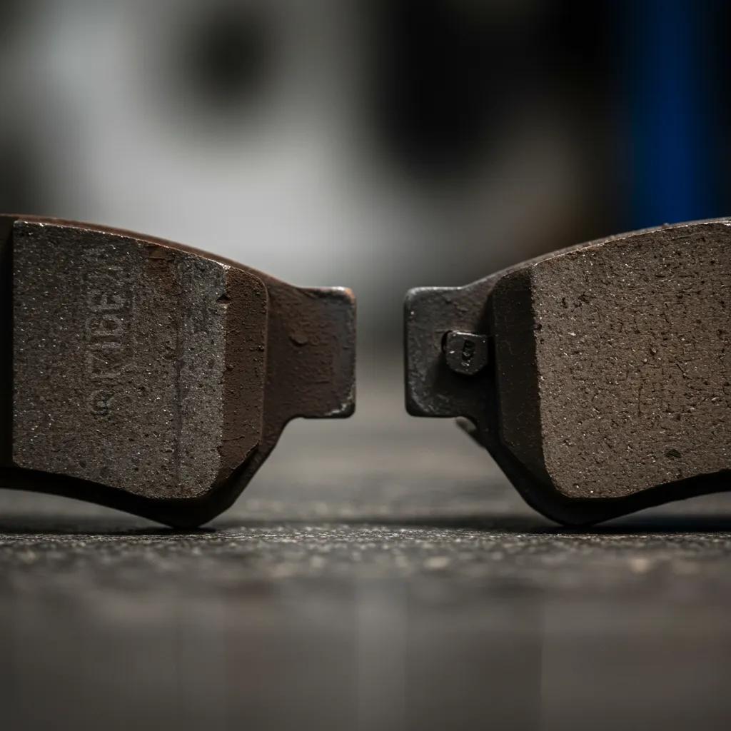 Comparison of worn and new brake pads, illustrating signs of wear and the need for replacement