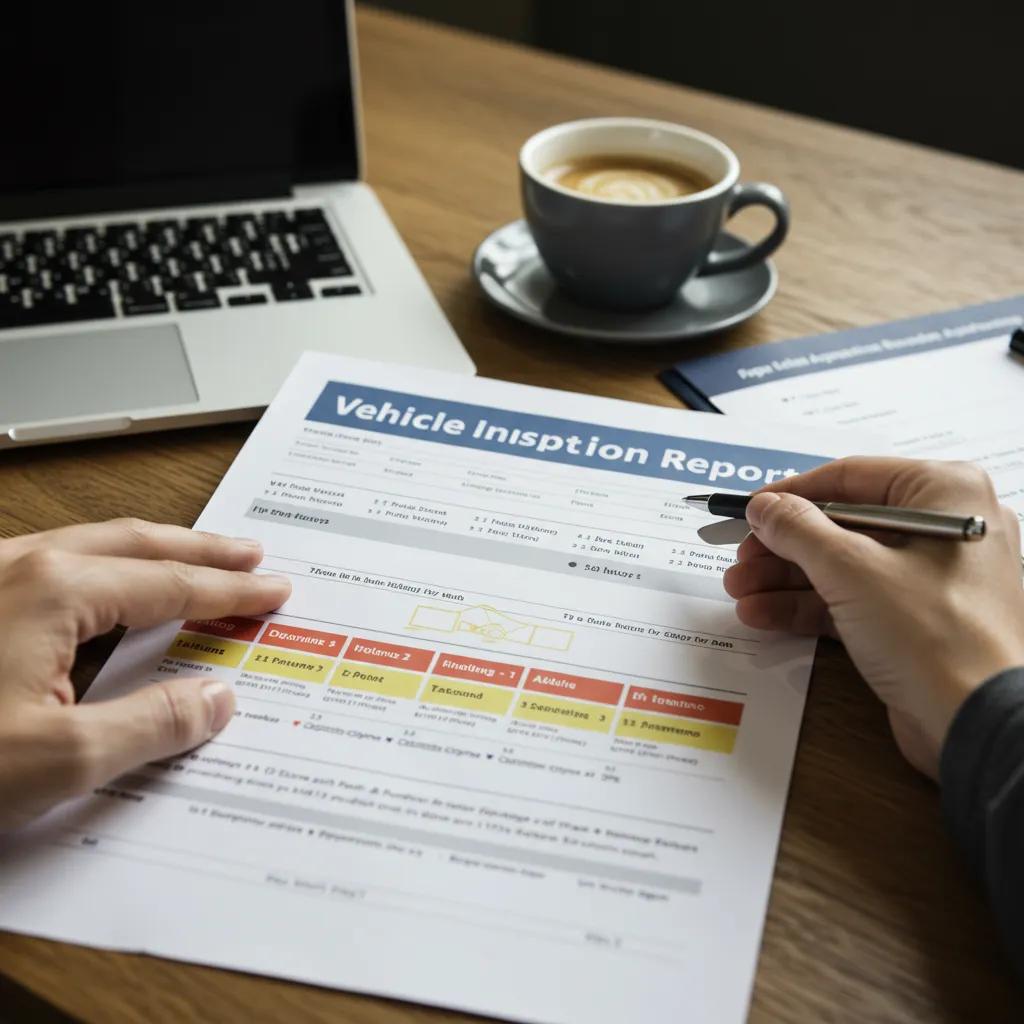 A clear, color-coded vehicle inspection report laid out on a table, demonstrating the clarity of our findings