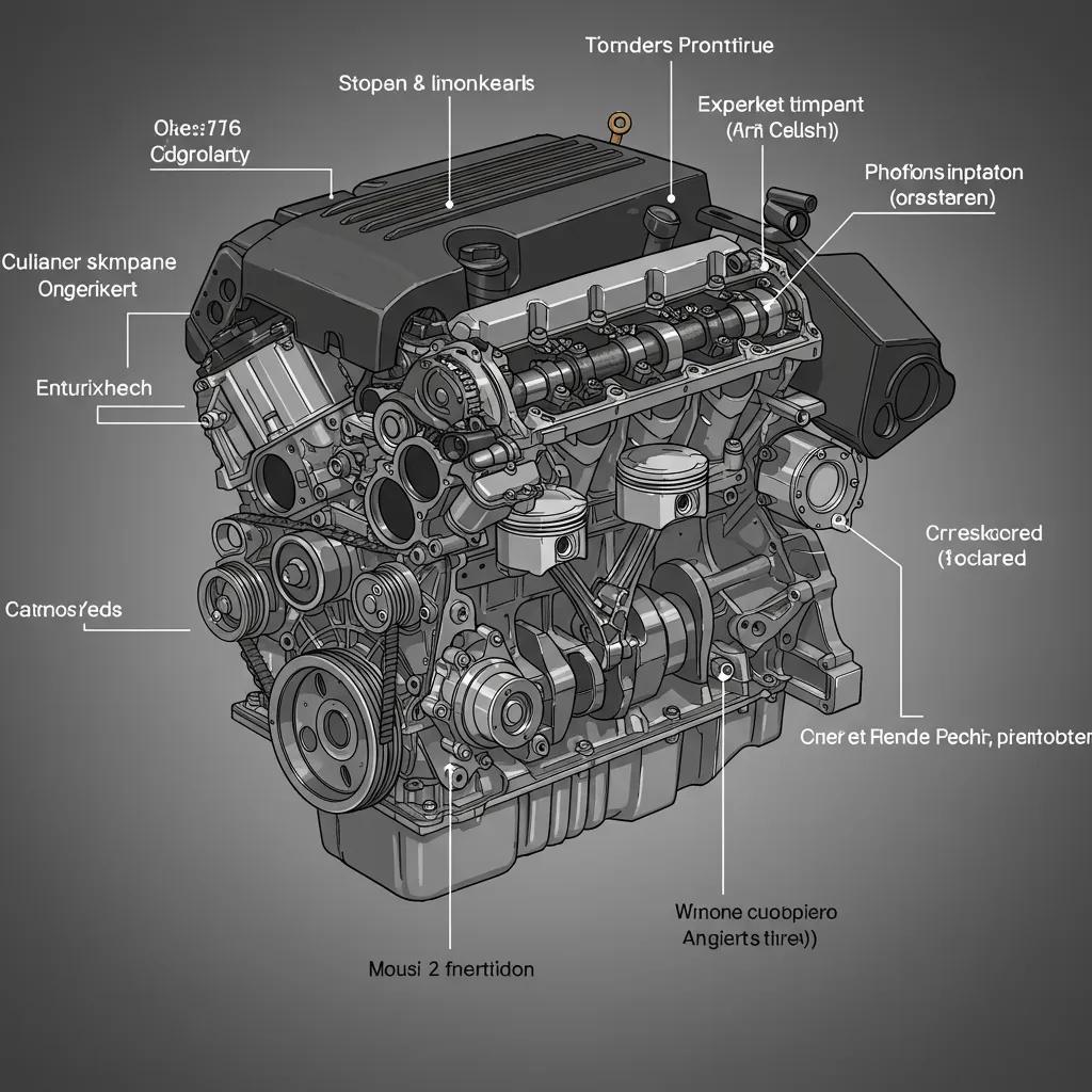 Close-up of a car engine, pointing out critical parts like pistons and the camshaft for educational purposes