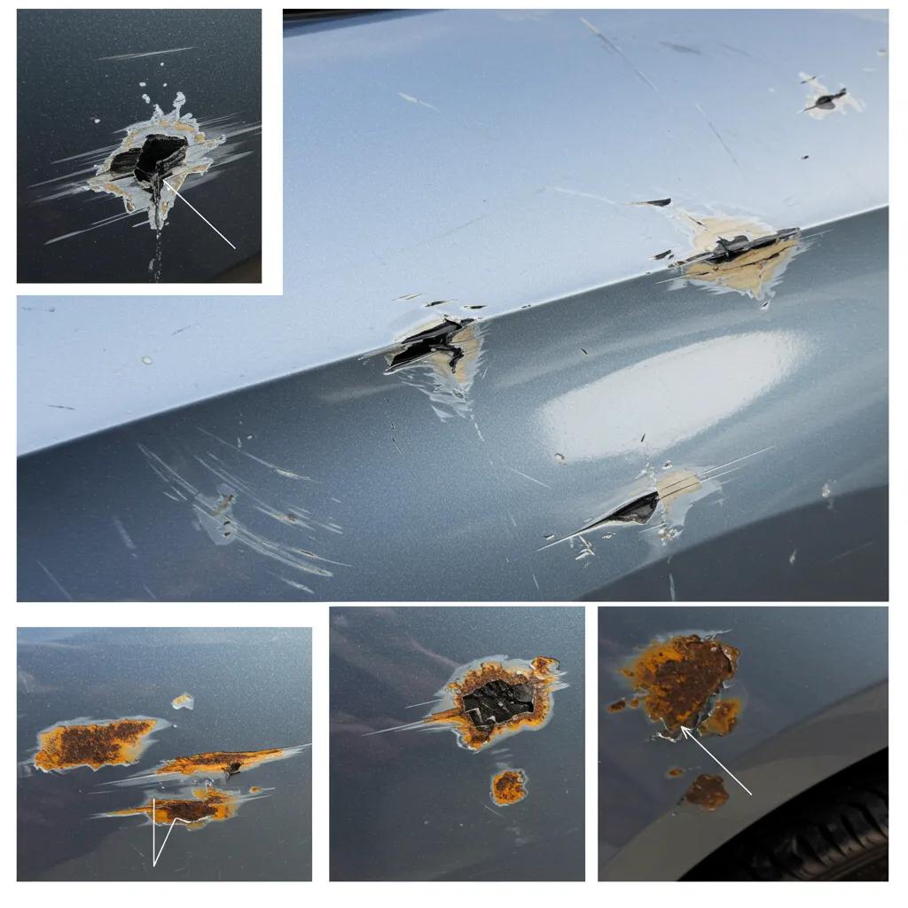 Different types of car paint damage including scratches, chips, and rust spots on a vehicle