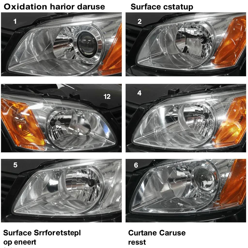 A close-up showcasing various types of headlight damage, including oxidation and scratches