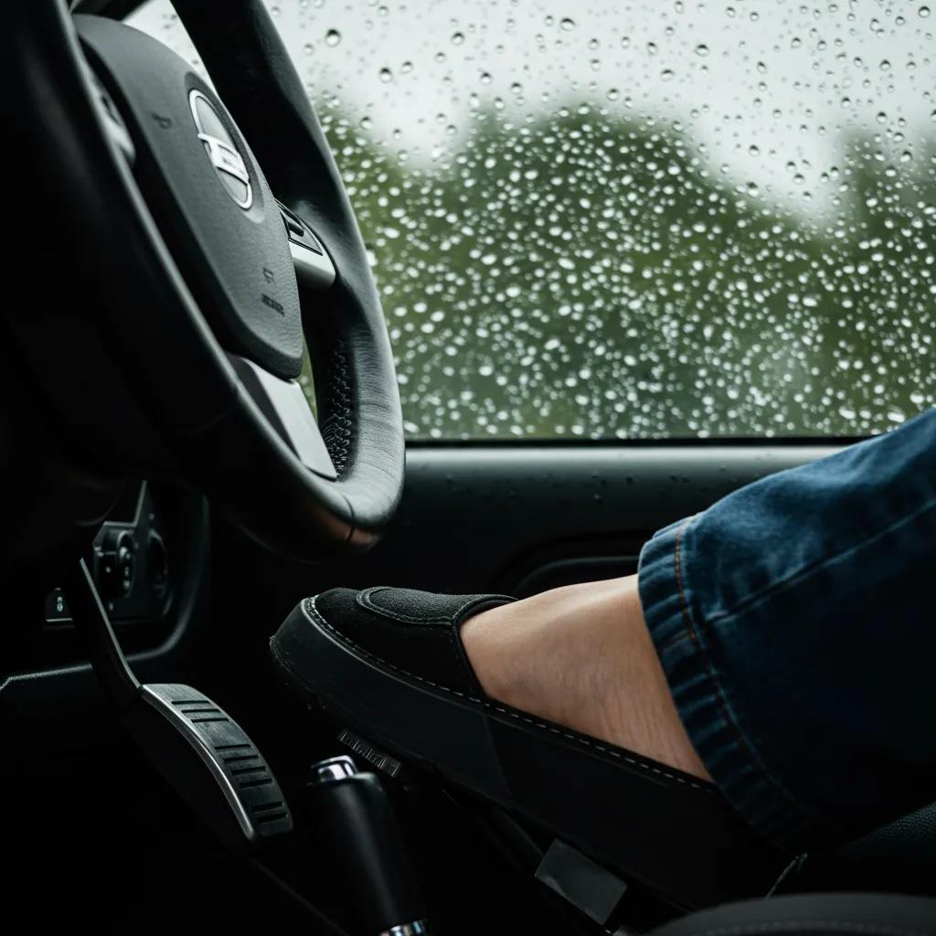 Driver gently applying brakes in a car during rainy conditions