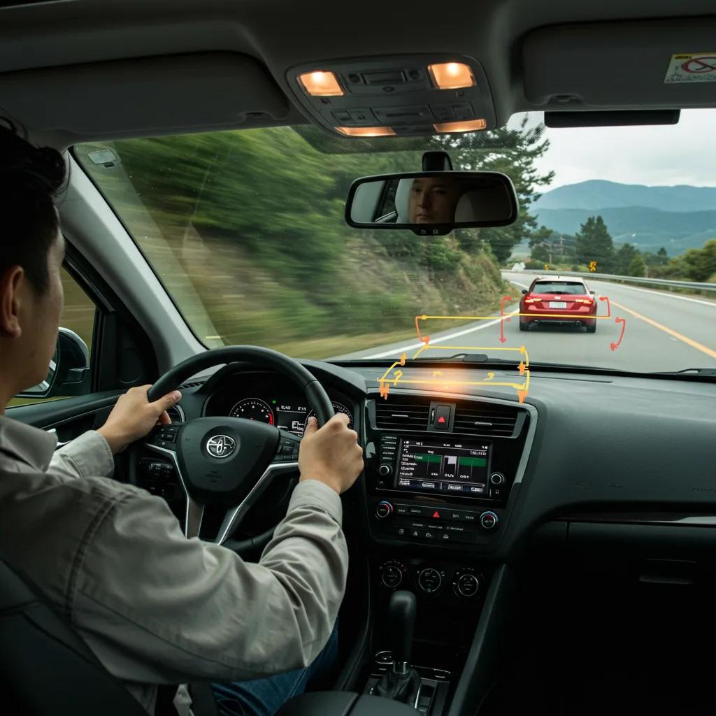 Driver practicing safe driving habits to extend brake lifespan, with a focus on attentive posture and road