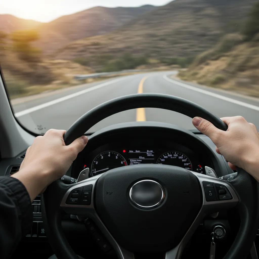 Driver's hands on a vibrating steering wheel while driving