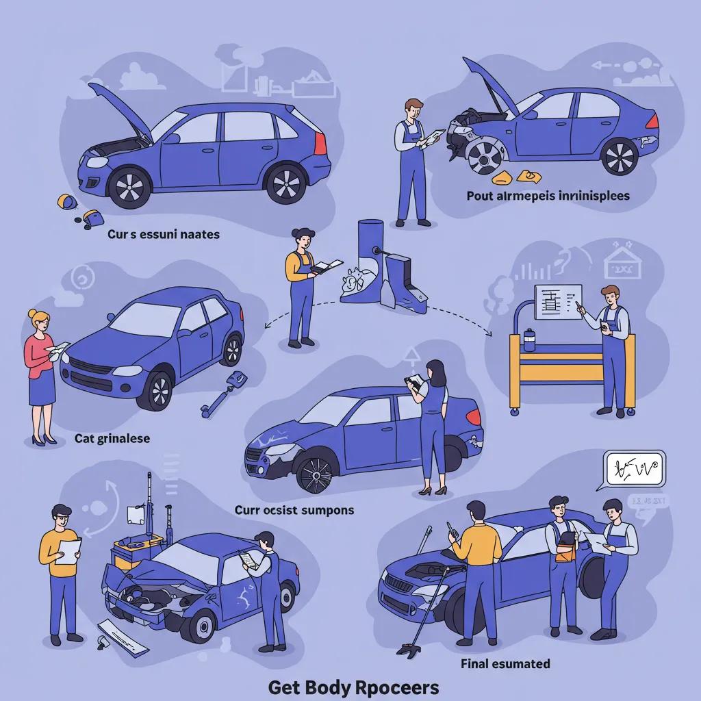 Illustration of the auto body repair process, showcasing steps from estimates to final repairs