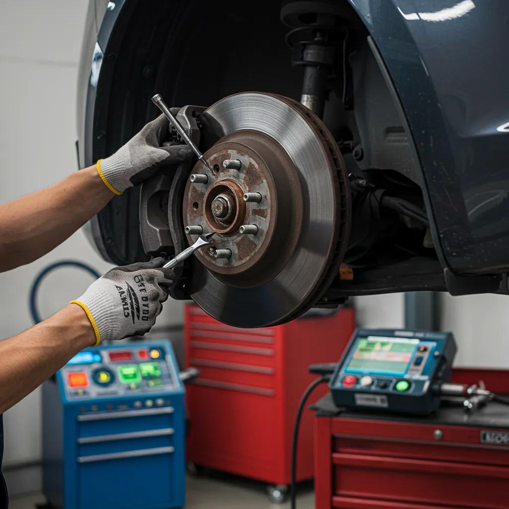 Mechanic conducting a professional brake inspection, highlighting the importance of vehicle safety and maintenance