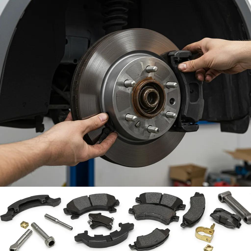 Mechanic demonstrating the brake pad replacement process, highlighting tools and safety measures