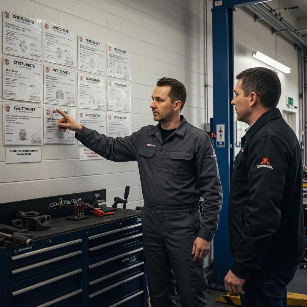 A mechanic proudly displaying their certifications in a meticulously organised garage, highlighting professionalism and trustworthiness