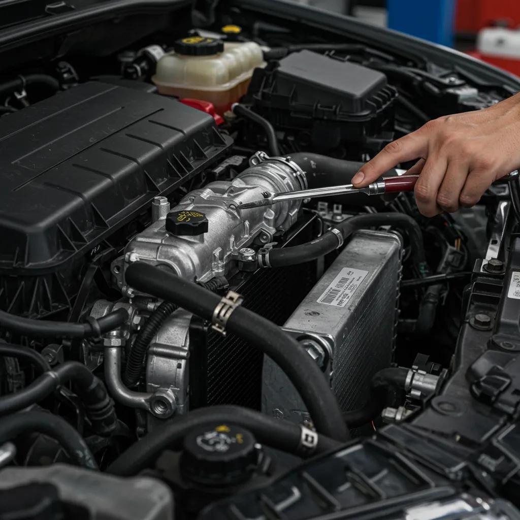 Technician using a stethoscope to diagnose engine knocking in a garage