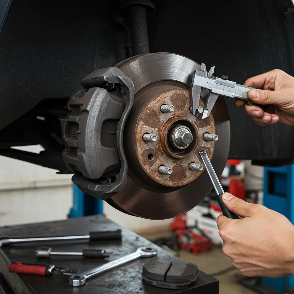 Mechanic inspecting car brake system with tools, focusing on measuring brake pad thickness for maintenance