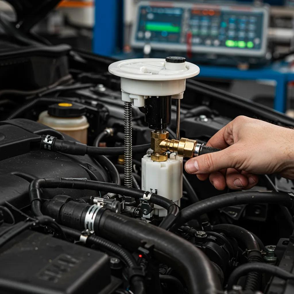 Mechanic inspecting fuel pump and lines in a vehicle's engine bay, emphasizing fuel delivery system diagnostics