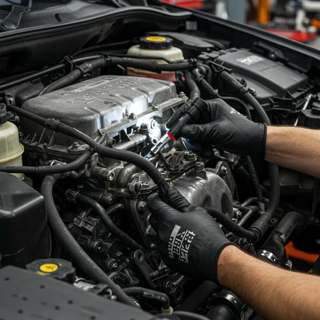 Mechanic inspecting power steering system for leaks, emphasizing hoses and seals