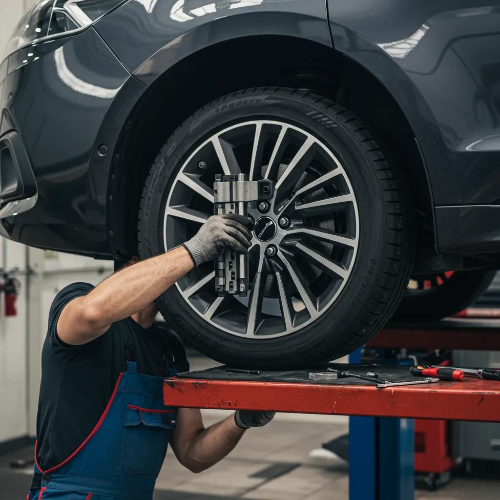 Mechanic adjusting wheel alignment on a car to prevent uneven tyre wear