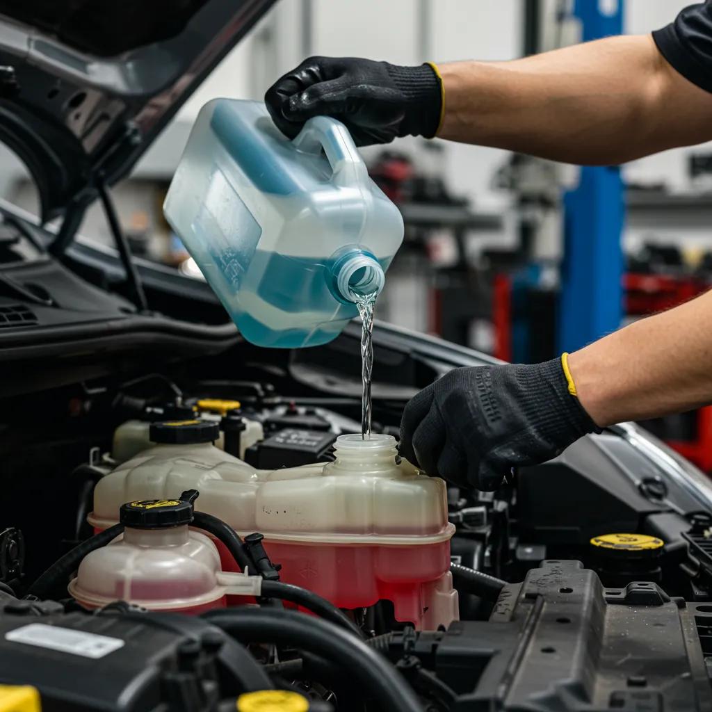 Mechanic pouring windshield washer fluid into a car's reservoir
