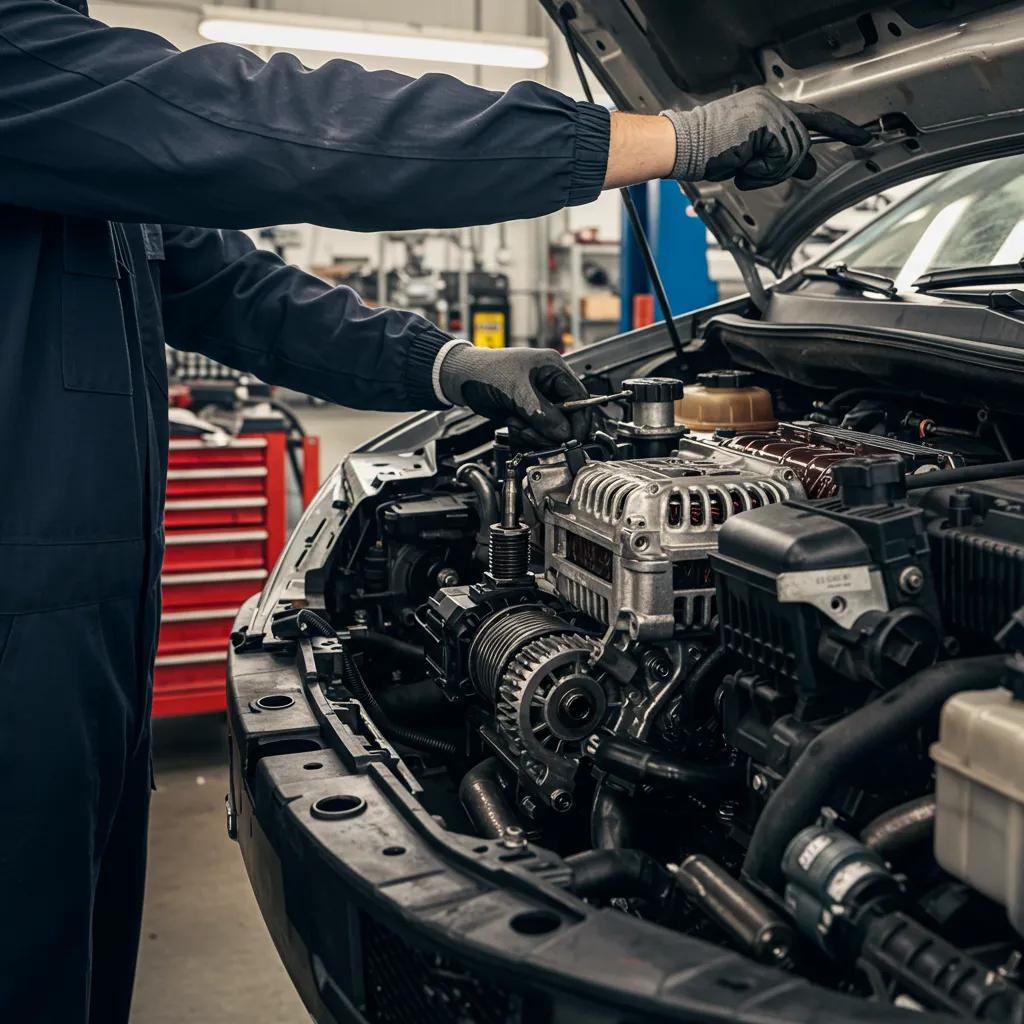 Mechanic repairing an alternator in a garage, showcasing automotive expertise
