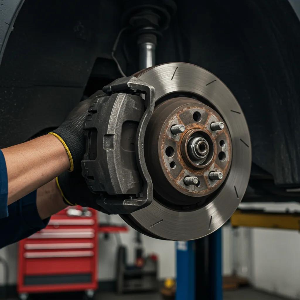 Mechanic repairing brakes on a vehicle, highlighting the importance of brake safety and maintenance