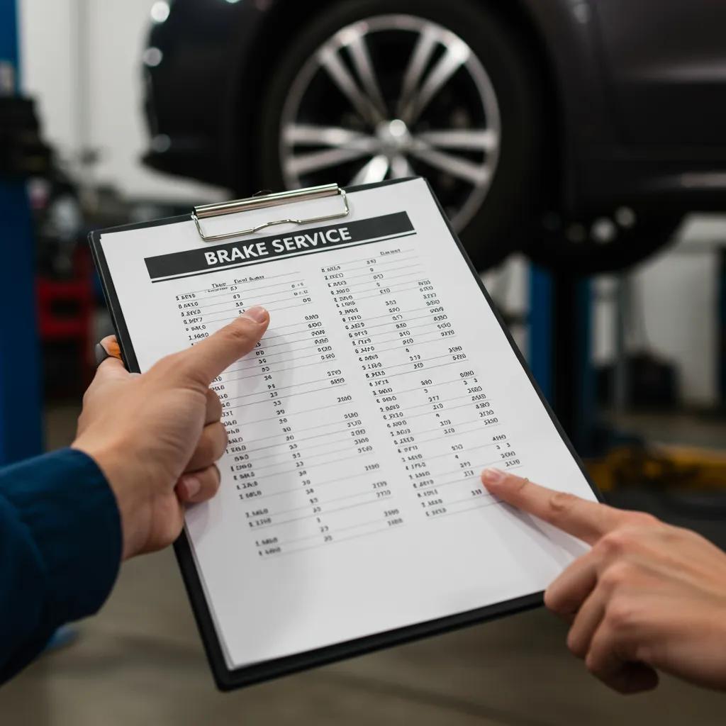 Mechanic showing brake service price estimate in an auto repair shop