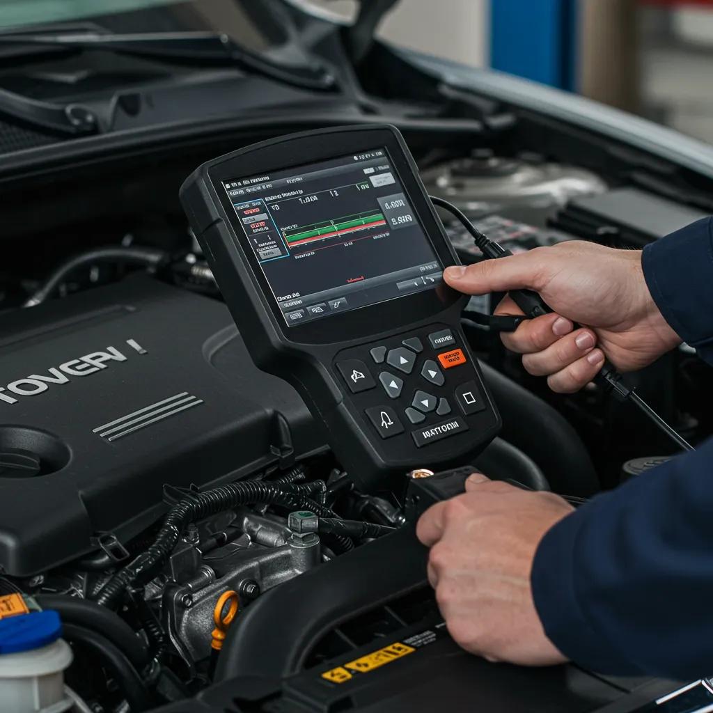 Mechanic using a diagnostic tool on a car engine, illustrating engine diagnostic and tune-up services