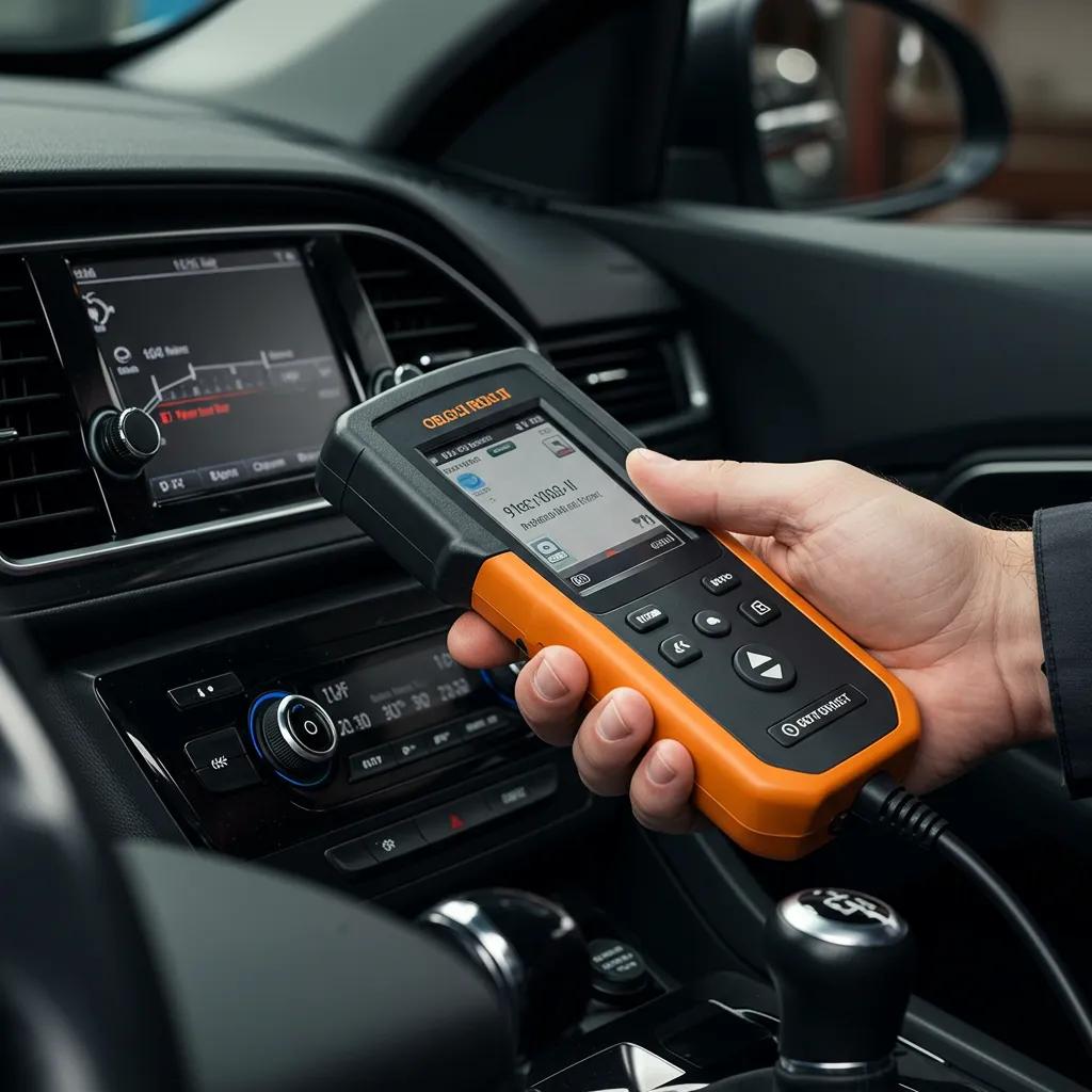 Mechanic using an OBD-II scanner for engine diagnostics
