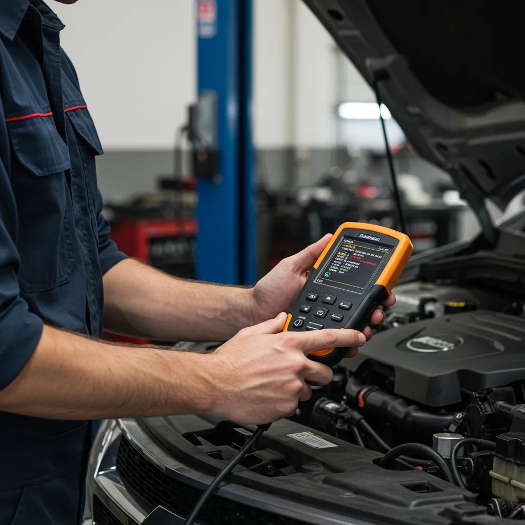 A professional mechanic is shown using an OBD-II diagnostic scanner to read fault codes from a vehicle's computer system