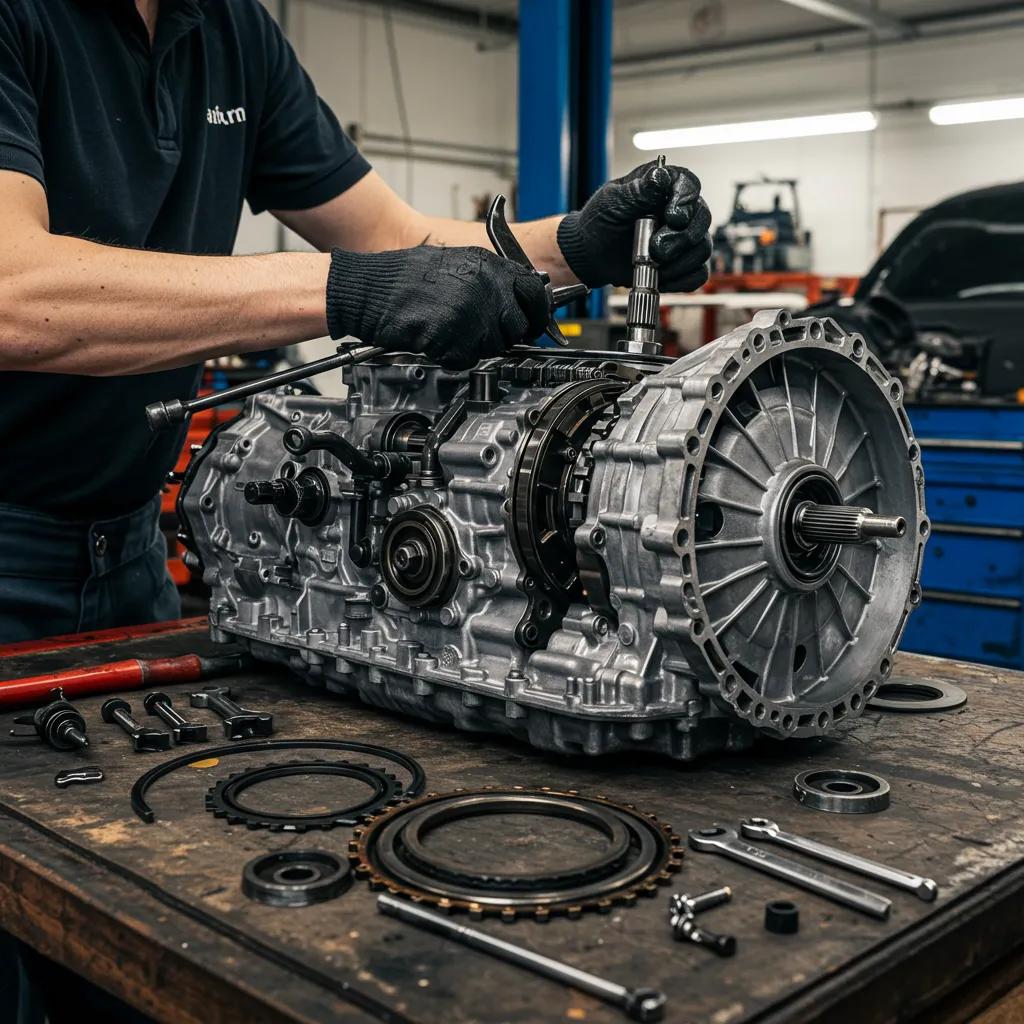 Mechanic working on a car transmission in a garage, highlighting automotive repair and diagnostics