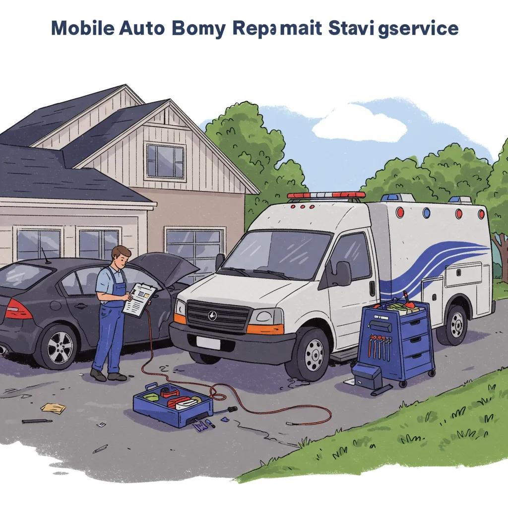 Mobile car body repair technician assessing damage in a customer's residential driveway