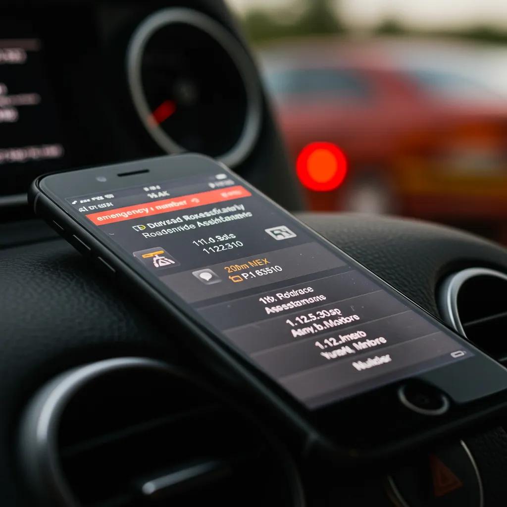 A mobile phone screen displaying key emergency contact numbers for roadside assistance in the UK