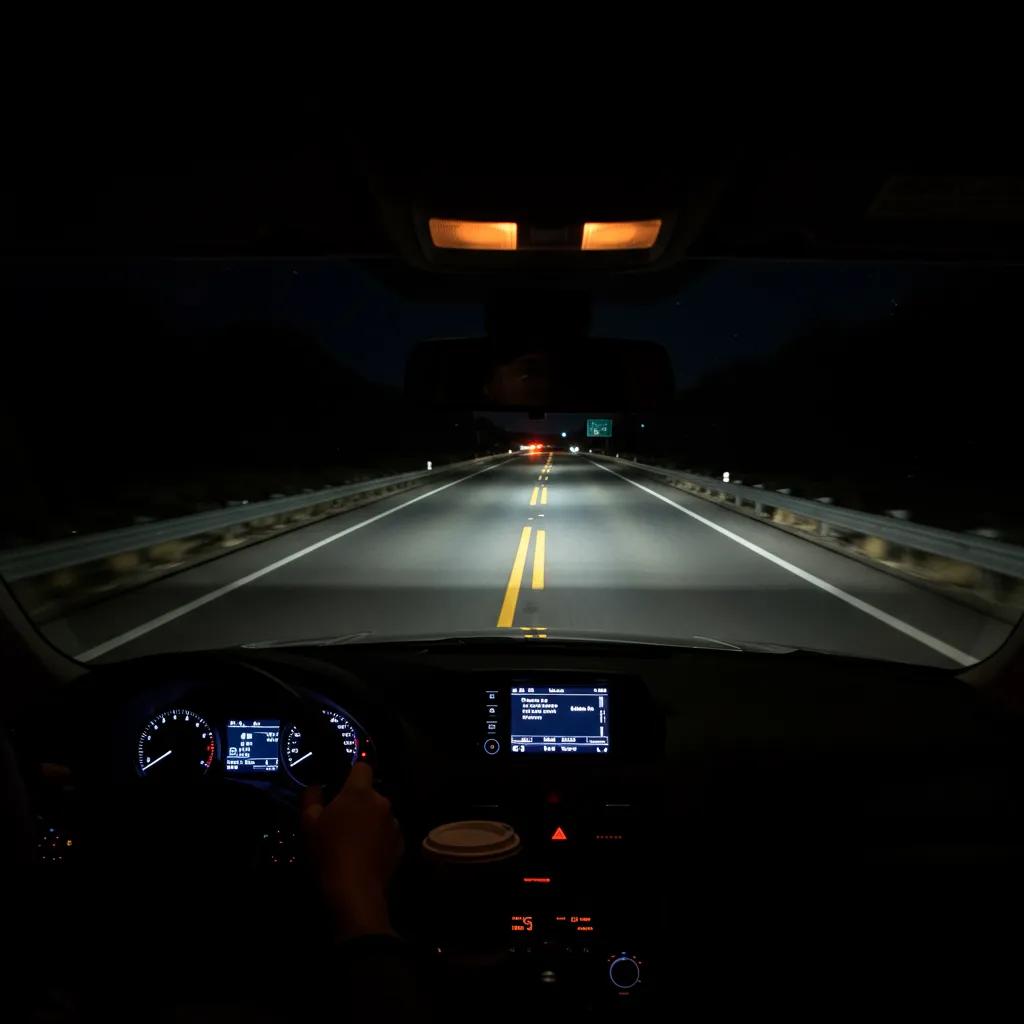 Nighttime driving scene highlighting the importance of alertness and safety on UK roads