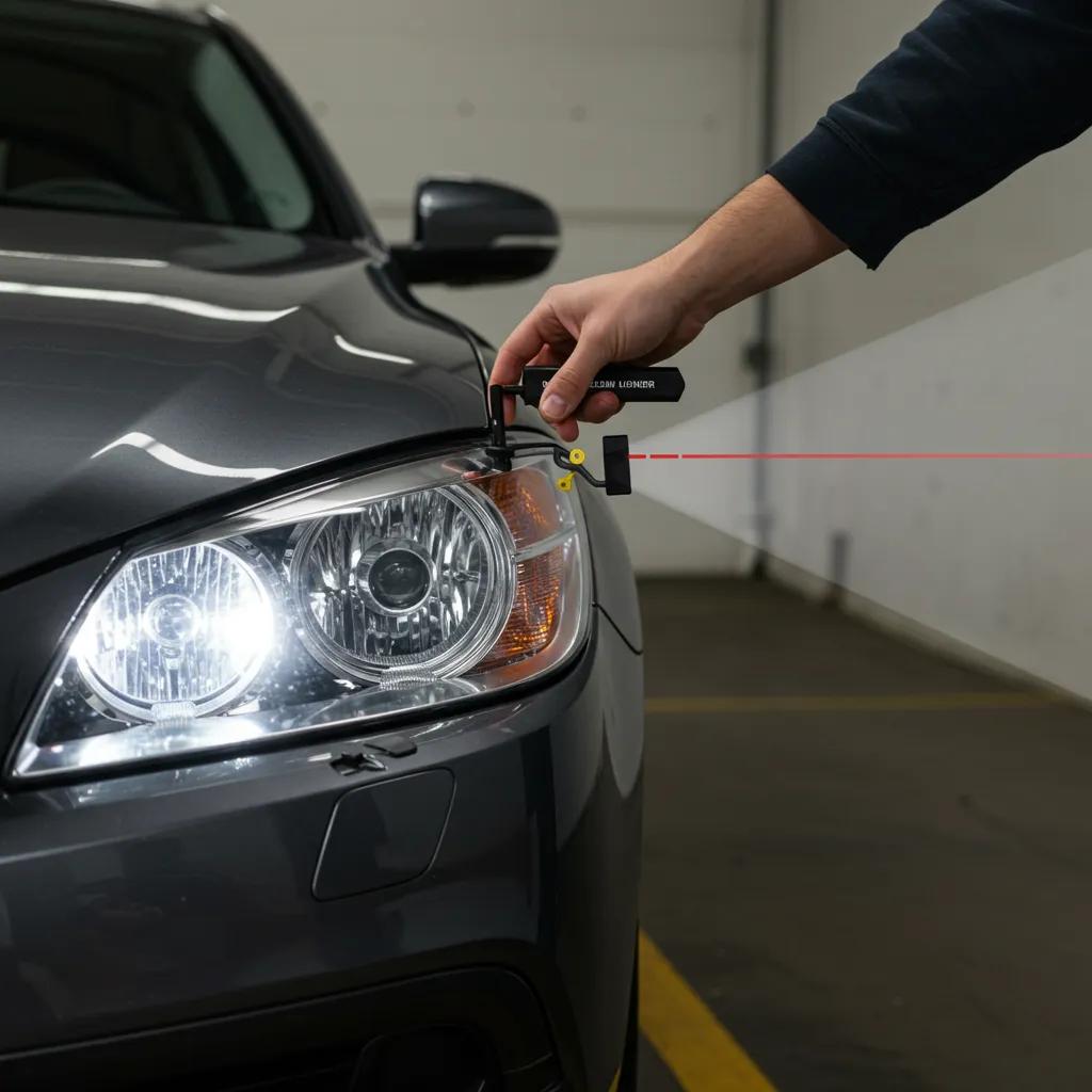 A technician using a beam-aligner tool to precisely adjust a car's headlight beam pattern for maximum visibility