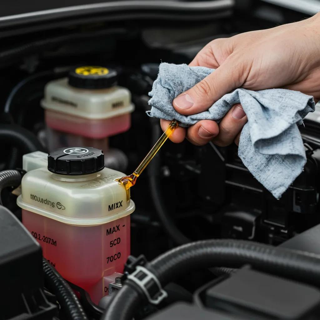 Person checking power steering fluid level in a car engine bay