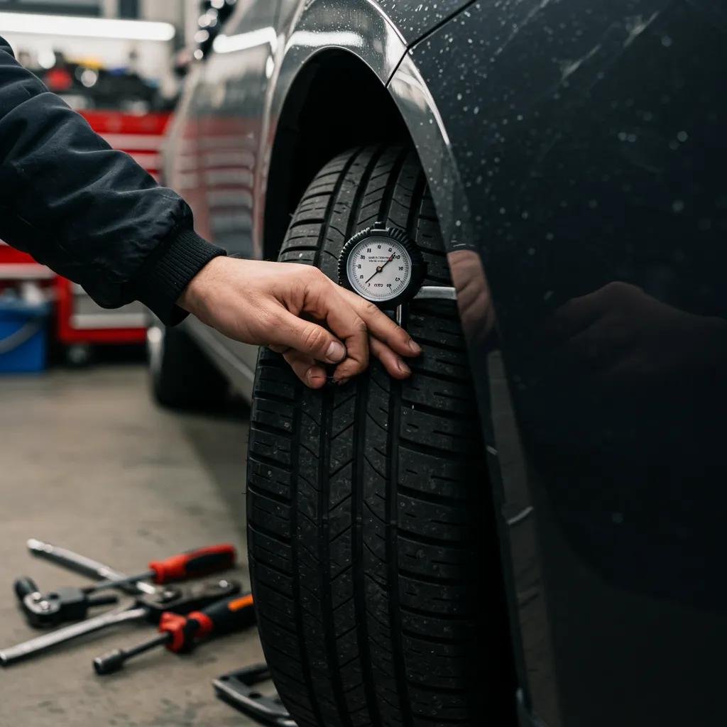 Individual checking tyre tread depth for safe driving in wet conditions